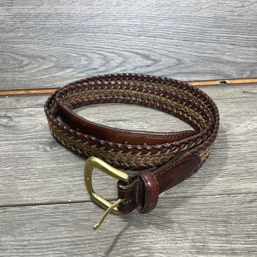 Brighton Belt Mens 38 Brown Woven Leather Brass Buckle Designer Classic Wedding